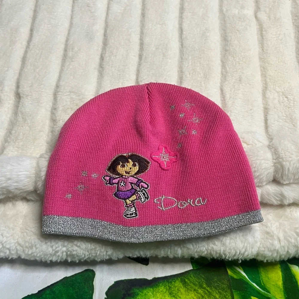 Y2K Dora the Explorer Pink Silver Embroidered Toddler Fall Winter Beanie